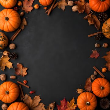 Halloween flat lay background with pumpkins autumn leaves and copy space.