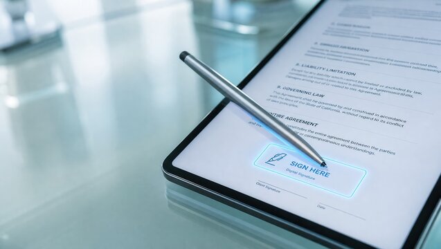 Digital signature on tablet with stylus pen for electronic contract signing, featuring modern legal technology and paperless office concept for business agreement and secure documentation.