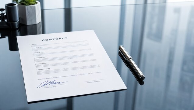 Signed legal contract document and silver fountain pen on modern black glass office desk, capturing corporate partnership and successful business deal for law firm and real estate marketing.