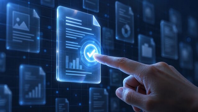 Digital document interface with checkmark icon for secure electronic signature and automated verification, featuring fintech data security for corporate compliance and office efficiency.