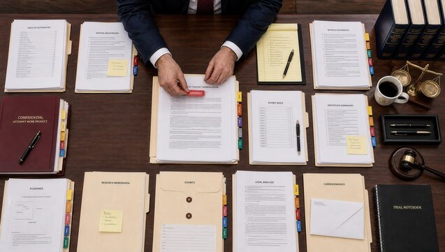 Professional lawyer hands reviewing urgent legal documents on office desk with gavel and scales of justice, capturing litigation preparation for law firm marketing and judicial advocacy.