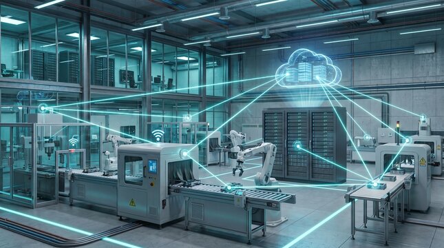 Smart factory connected to cloud-based digital technology.
