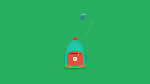 Minimalist school backpack motion graphics loop on green background for education concept