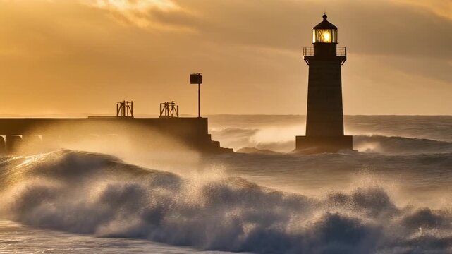 Lighthouse sunset landscape video. Stormy ocean waves crashing against harbor breakwater at golden hour. Coastal beacon illuminates misty sea spray during intense marine weather conditions.