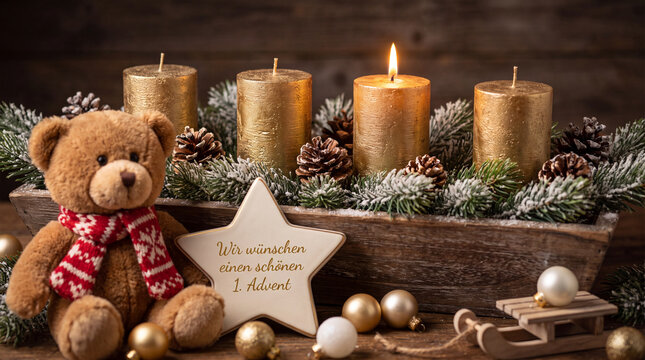 A festive Advent arrangement with a teddy bear, gold candles, and a star sign wishing a beautiful First Advent on a rustic wooden background.