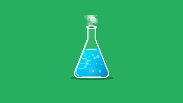 Animated blue chemistry flask motion graphics footage with boiling liquid on green background.
