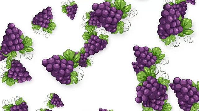 Falling Purple Grape Bunches Animation on White Background
