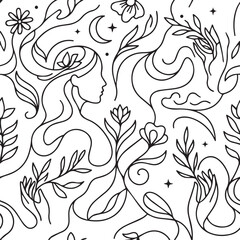 Fototapeta premium Seamless pattern with woman profile, flowers, hands, and moon