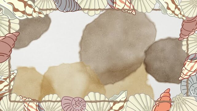 Animated Seashell Border Frame Over Earthy Watercolor Wash Background