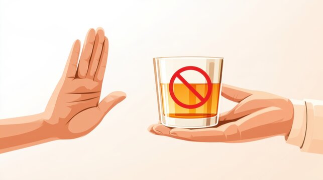 A hand gestures to refuse a glass of alcohol, symbolizing saying no to drinking with a prohibition sign on the glass.