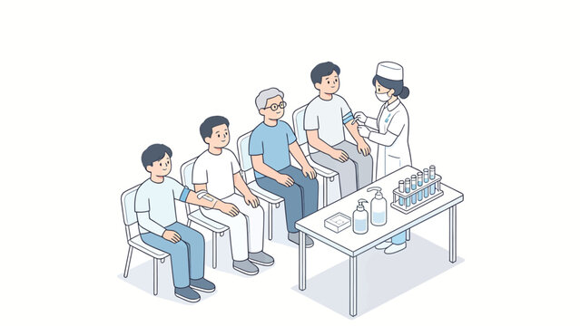 Flat vector illustration of a blood donation drive with patients and nurses using isometric composition