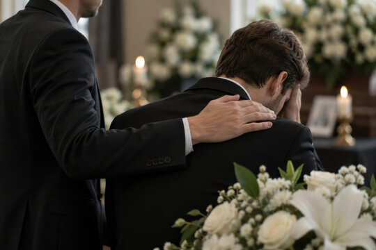 Grieving Man Receiving Support at Funeral Memorial Service