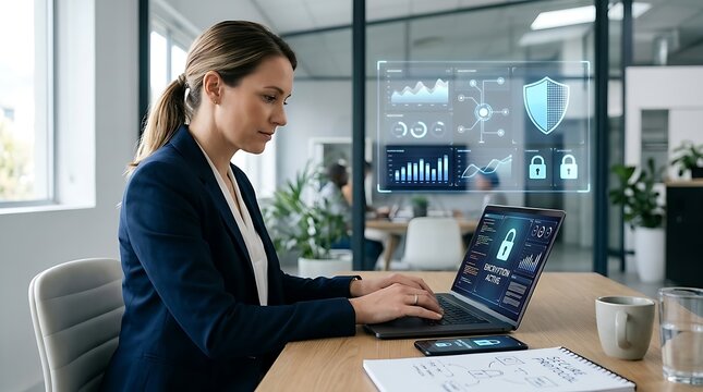 Businesswoman working on laptop with digital security graphics, office setting