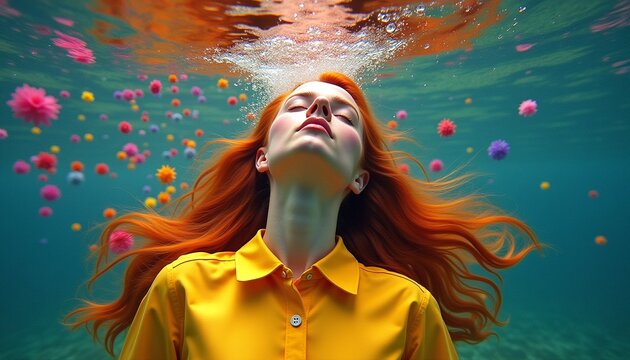 Underwater Portrait of Woman with Vibrant Red Hair and Colorful Flowers
