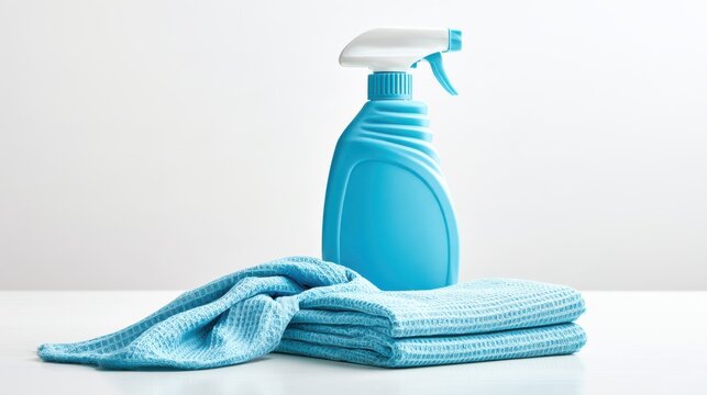 Blue spray bottle and microfiber cleaning cloths on a white surface with a plain white background.