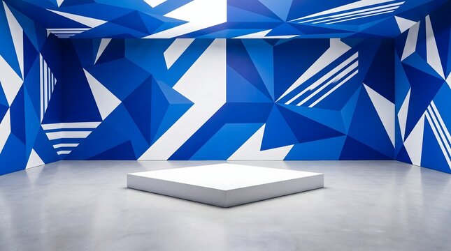 Geometric blue room with a white pedestal in the center