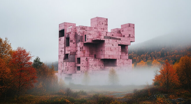 Abstract futuristic pink concrete architectural structure emerging from misty forest during autumn