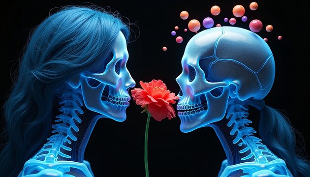Glowing Blue Skeletons with Flower and Colorful Orbs