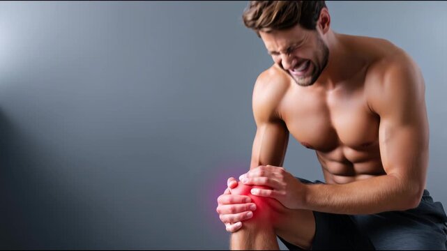 Athletic man with a shirtless torso suffering from severe knee pain on a gray background