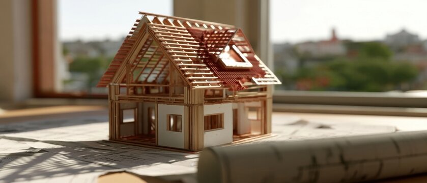 Wooden architectural model of a house with red roof tiles on a stone ledge