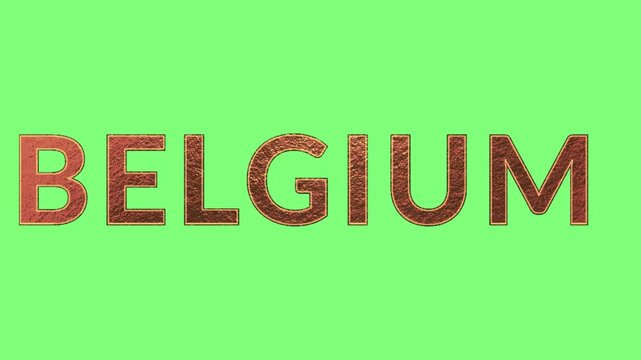 Belgium text displayed in red block letters against a bright green background.