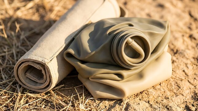 Two rolled camping mats lying on the dry brown ground outdoors in a sunny forest setting. portable hydration systems