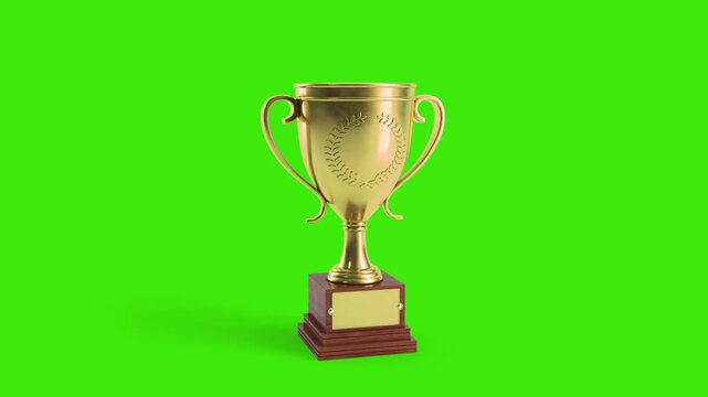 Metallic golden winner trophy cup symbol isolated on bright green screen chroma key video overlay asset