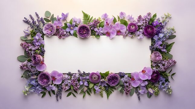 A purple floral frame border composed of orchids roses and lavender rests against a light background flowers botanical arrangement violet