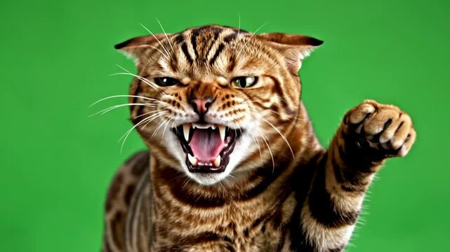 Angry Bengal Cat Hissing and Swiping Paw Against Green Screen Background