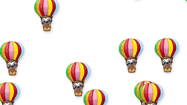 Cartoon Sloths Floating in Colorful Hot Air Balloons on White Background