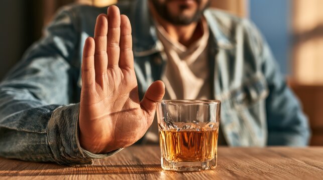A person extends their hand in a stop gesture, refusing a glass of whiskey placed on a wooden table.