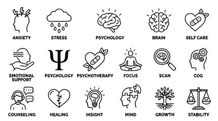 Obraz premium Minimalist black outline vector icons depicting various mental health care concepts