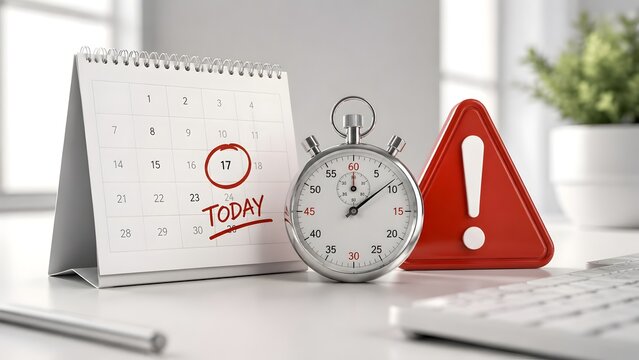Calendar Showing Due Date With Stopwatch And Red Warning Sign On Office Desk