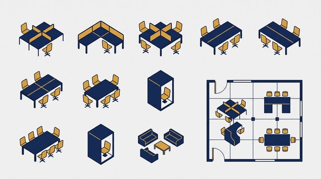 Isometric office furniture set, corporate workspace floor plan with desks and chairs, navy blue and tan architectural interior design elements, isolated on light background