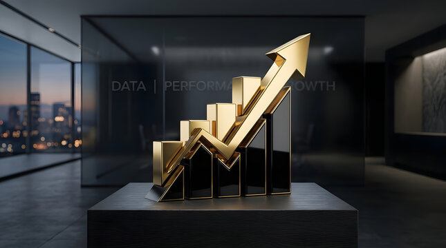 Golden financial chart graph with upward arrow sculpture on a display stand in a modern corporate office interior