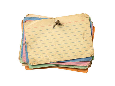 A vintage stack of colorful lined index cards held together by a metal pin on transparent background.