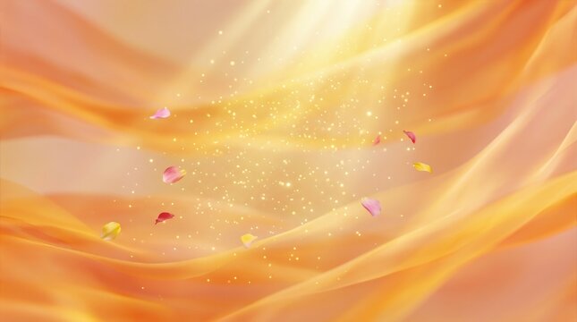 Golden silk fabric backdrop with glowing sparkles and floating petals for festival celebration