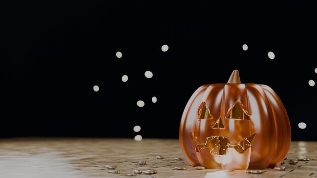 Jack-o'-lantern face with candle glow on shiny brick pathway