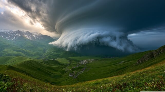 Dramatic Cloud Formation Over Rolling Green Hills Under Stormy Sky in Majestic Mountain Landscape