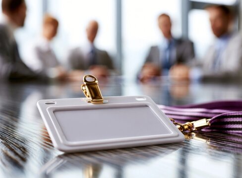 Blank white id badge holder with gold clip on polished wooden boardroom table