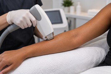 Fototapeta premium Laser Patch Test on Dark Skin Forearm Before Full Treatment
