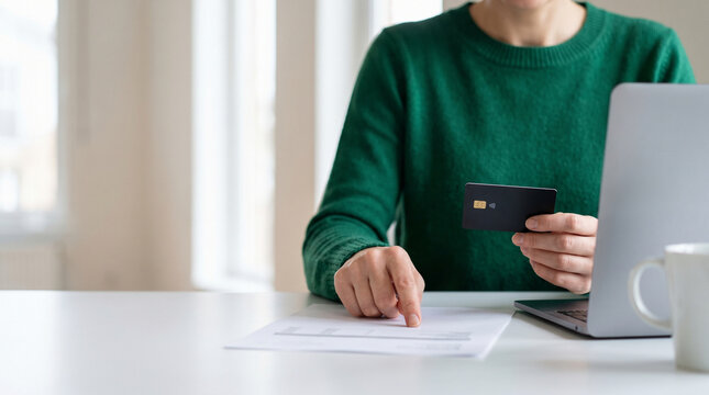 Woman in green sweater holding black credit card and pointing at bill invoice paper near laptop, closeup of hands doing online banking, tax payment, or business expense tracking