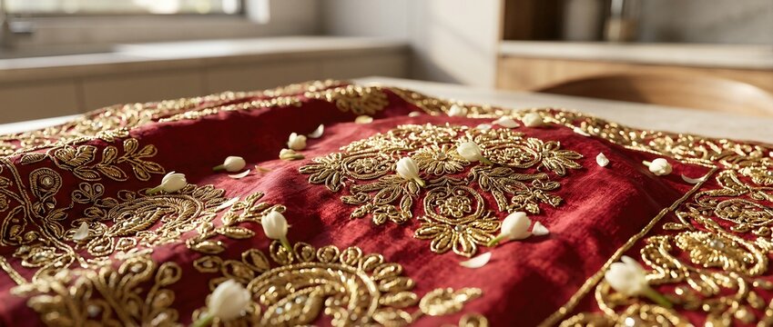 Red silk fabric with intricate gold embroidery and white flowers arranged for sacred festival celebration indoors