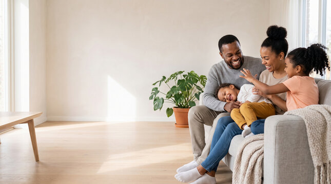 Happy African American family playing with toddler on sofa in living room, cheerful black parents and children laughing together in bright house, family bonding and copy space
