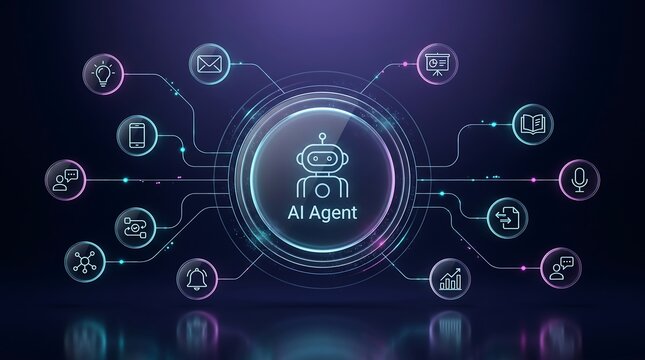 agent robot icon inside glowing futuristic ring surrounded by communication and business productivity icons in a dark blue digital environment for advanced artificial intelligence