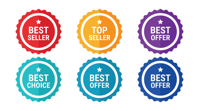 Vibrant colorful vector graphic badge set featuring best seller and promotional offer circular sale labels