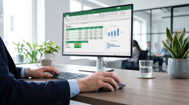 Businessman working on computer displaying financial data charts in spreadsheet application, analyzing quarterly reports in modern office workspace with colleagues.