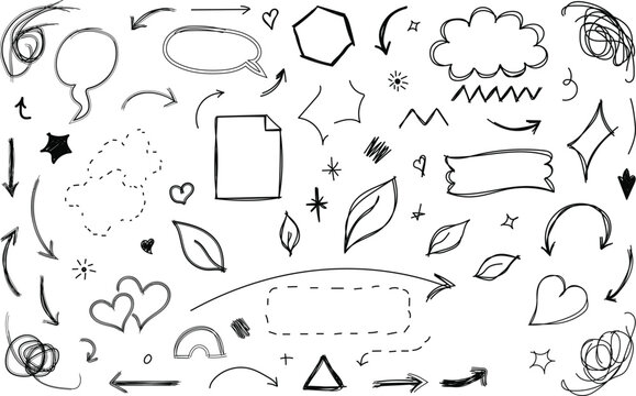 Minimalist hand drawn doodle set with diverse icons like hearts leaves and speech bubbles design.