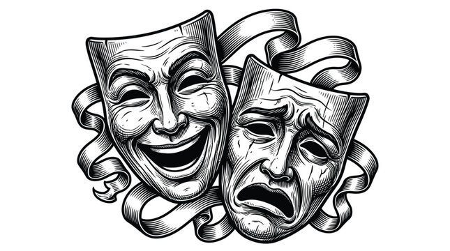 Dramatic theatrical masks vector illustration showing contrasting emotions of comedy and tragedy in crisp black ink