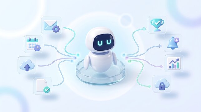 Cute small robot character sitting on a transparent glass platform surrounded by floating business icons and digital workflow elements for smart office automation and management